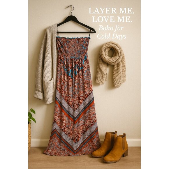 Angie Boho Maxi Dress–Red Blue Paisley Strapless Smocked Winter Layering Look - Picture 1 of 8